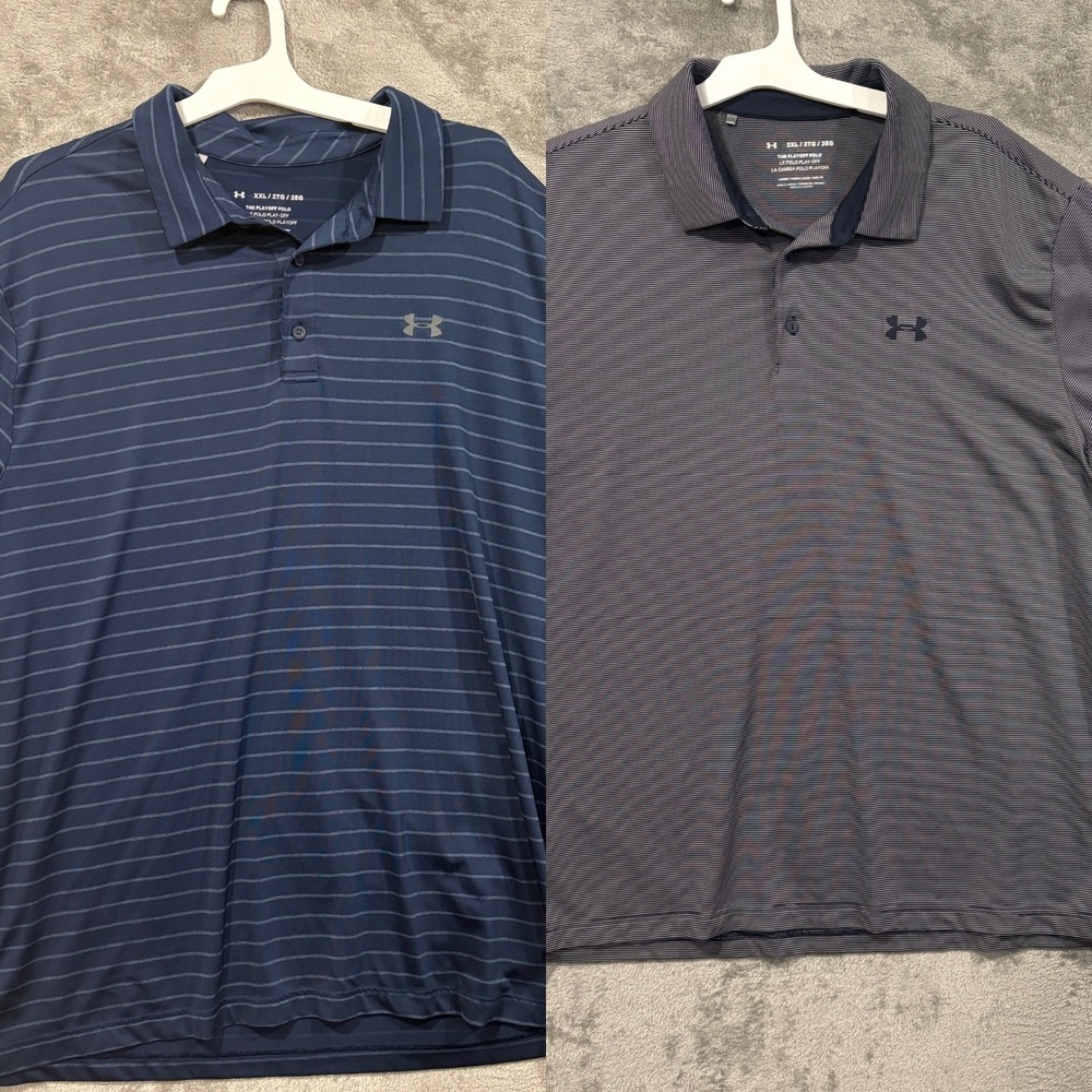 Lot of 2 UNDER ARMOUR Mens Blue Stripe Performance Golf Playoff Polo Shirt 2XL